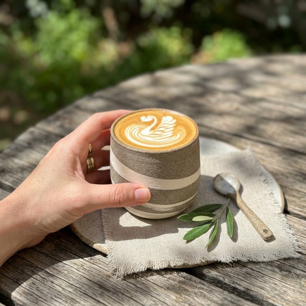Specialty flat white with swan latte art in studio marbled cup
