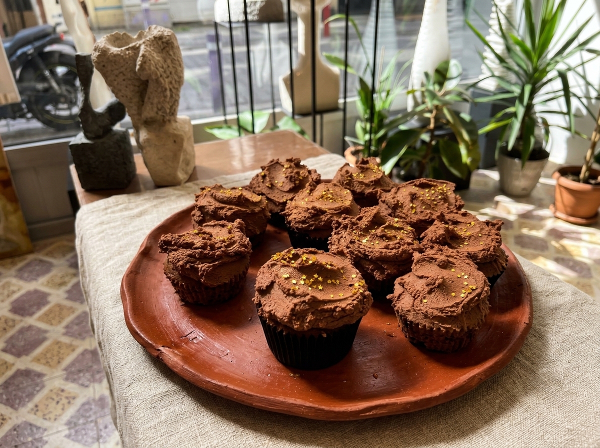 Rich dark chocolate cupcakes with gold stars on terracotta plate