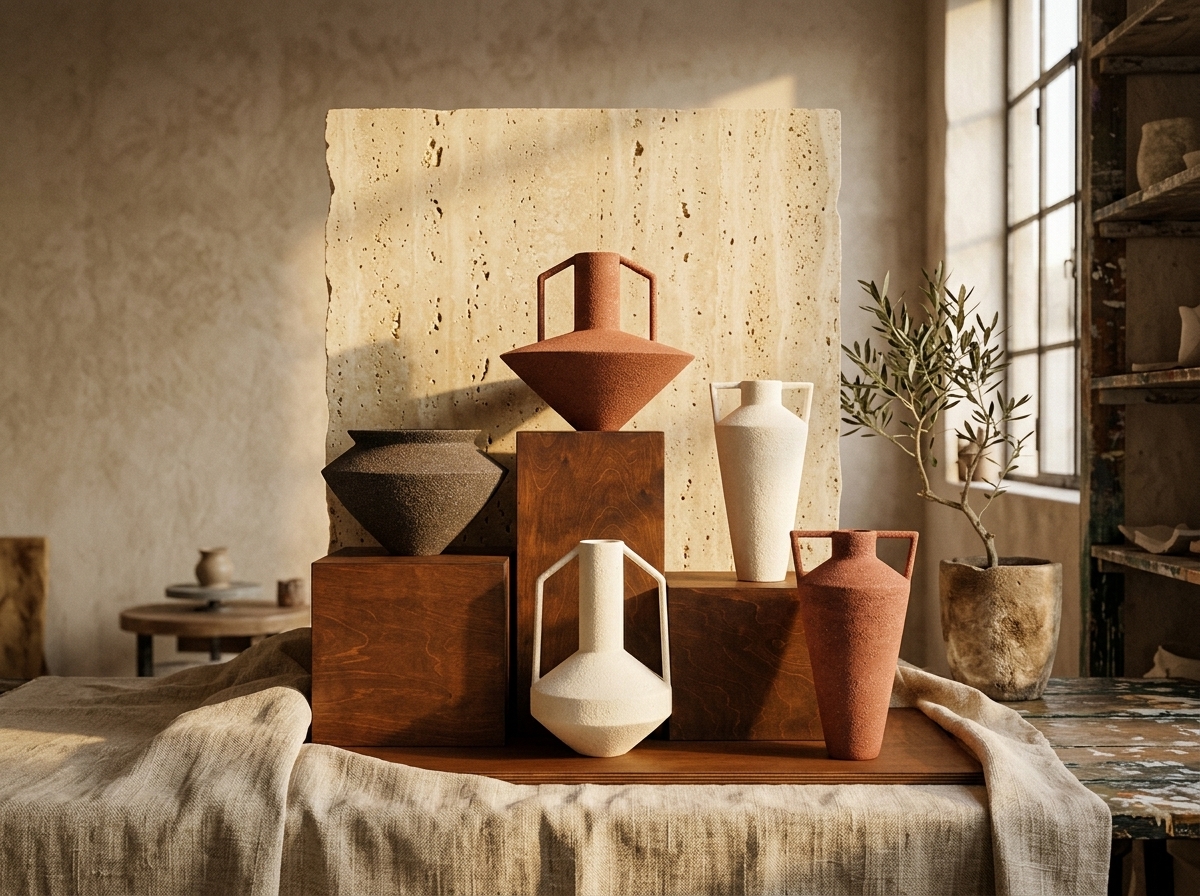 Architectural ceramic amphoras on travertine