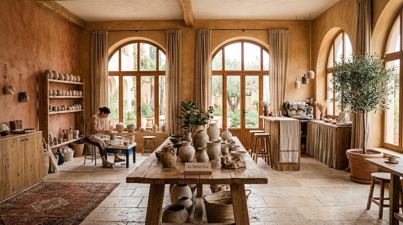 La Tierra Viva art studio with pottery wheel, wooden table, and Mediterranean arched windows