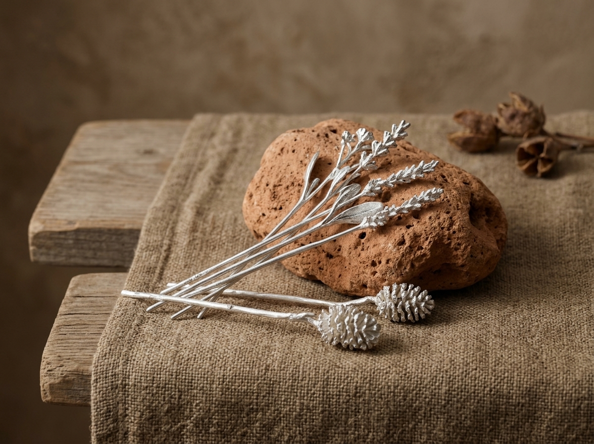 Handcrafted botanical sterling silver pins cast from pinecones on linen