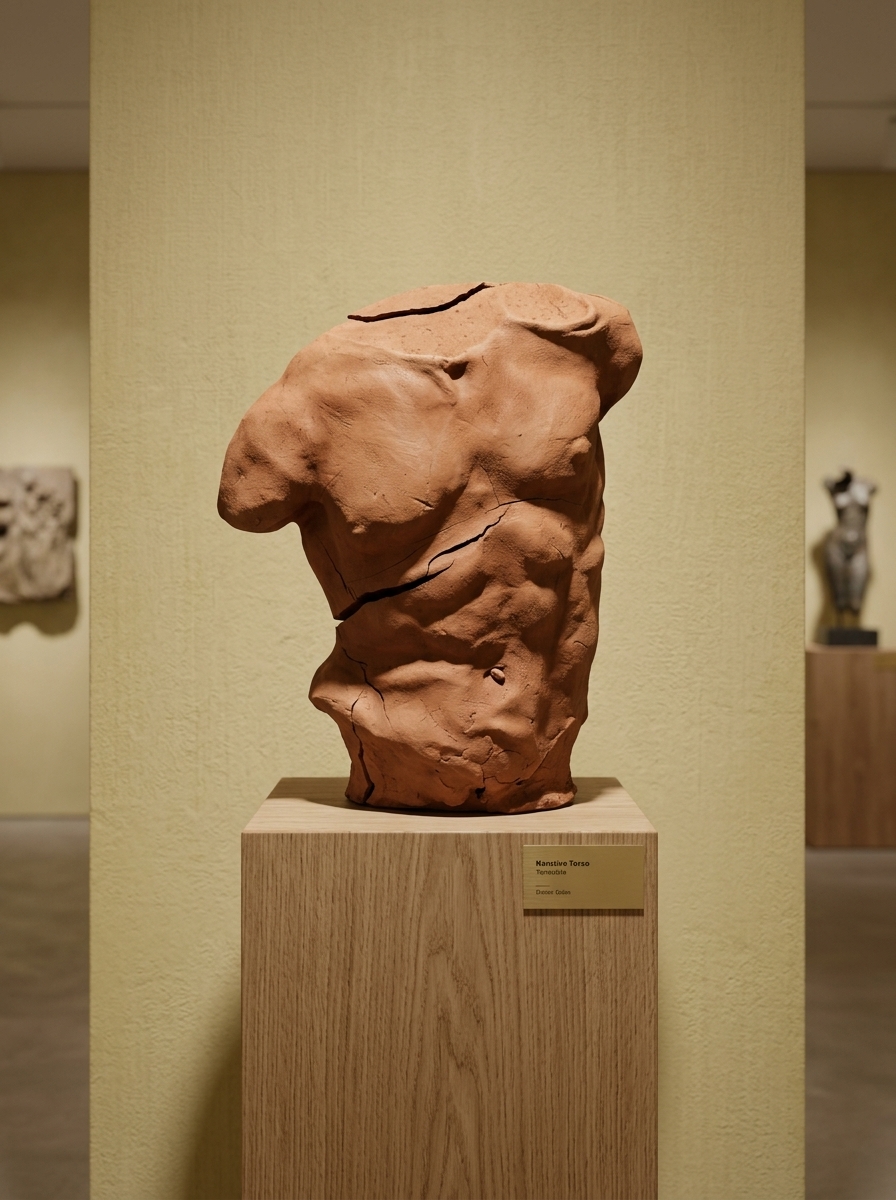 Fractured terracotta male torso sculpture on oak plinth